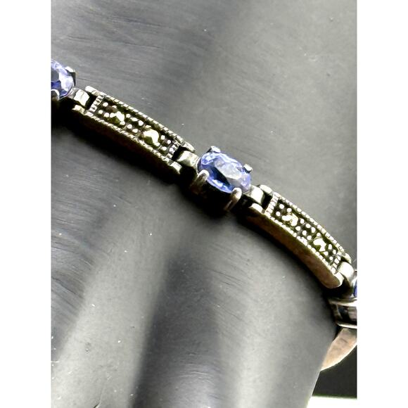 Sterling Silver Blue Cubic Zirconia Marcasite Bracelet - Picture 2 of 4